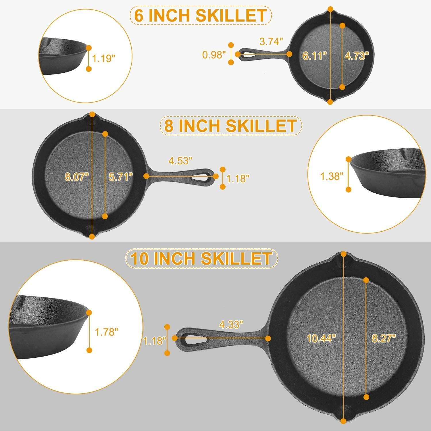 3Pcs Pre-Seasoned Cast Iron Skillet Set 6/8/10in Non-Stick Oven Safe Cookware Heat-Resistant Frying Pan Doba